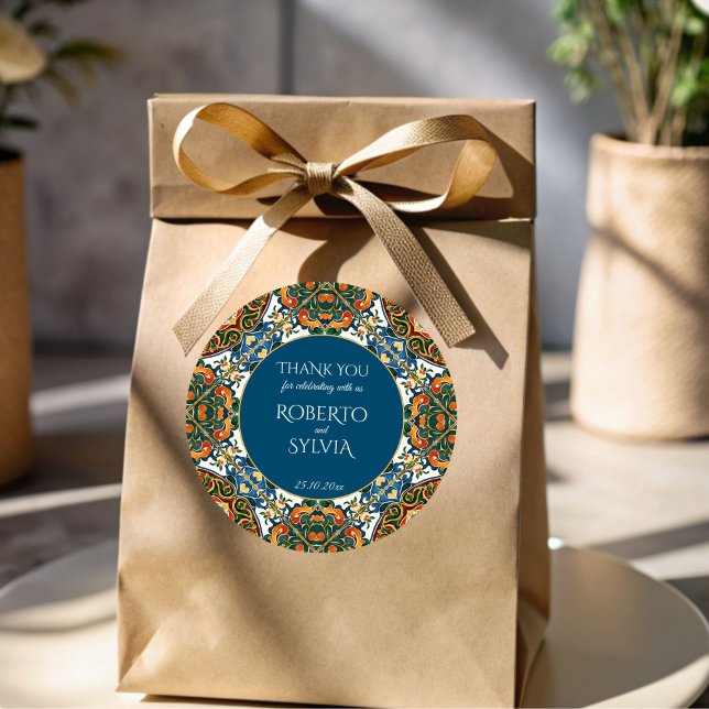 Mexican Talavera aquamariner Hochzeitsvorzug Runder Aufkleber (Mexican Talavera teal elegant wedding thank you favor Sticker template vintage Mexican wedding favor)
