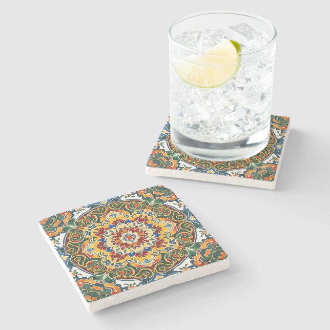 Mexican Talavera aquamariner Jahrgang Hochzeit bev Steinuntersetzer (Seitenansicht)