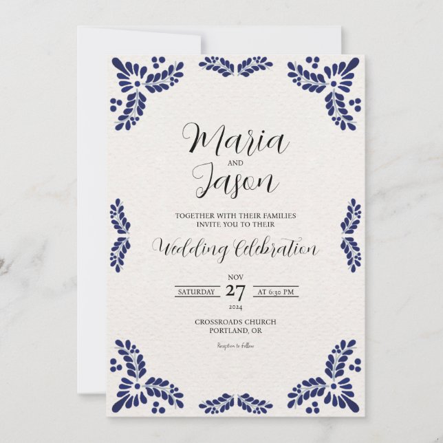 Mexican Talavera Black Floral Minimalist Wedding Einladung (Vorderseite)
