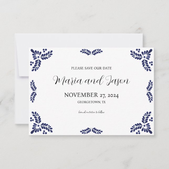 Mexican Talavera Black Floral Minimalist Wedding Save The Date (Vorderseite)
