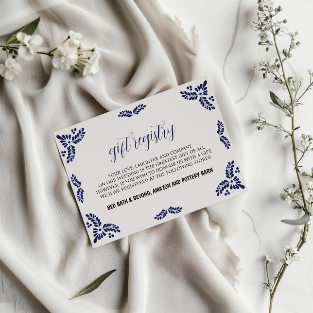 Mexican Talavera Blue Floral Minimalistisch Weddin Begleitkarte (Mexican Talavera Blue Floral Minimalist Wedding Enclosure Card)