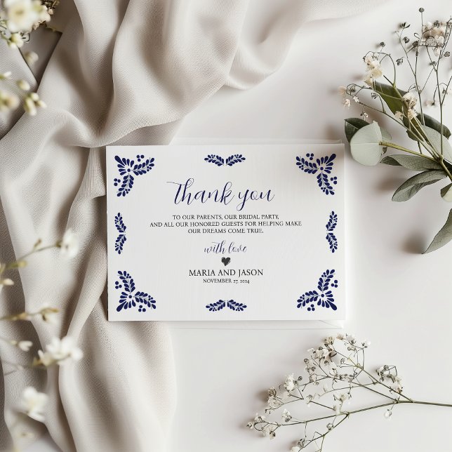 Mexican Talavera Blue Floral Minimalistisch Weddin Dankeskarte (Mexican Talavera Blue Floral Minimalist Wedding Thank You Card)