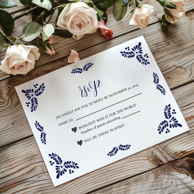 Mexican Talavera Blue Floral Minimalistisch Weddin RSVP Karte (Mexican Talavera Blue Floral Minimalist Wedding RSVP Card)