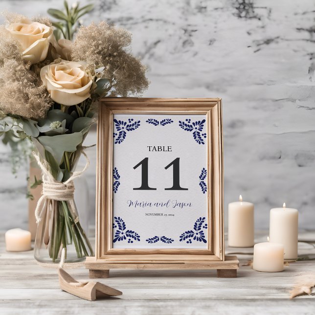 Mexican Talavera Blue Floral Minimalistisch Weddin Tischnummer (Mexican Talavera Blue Floral Minimalist Wedding Table Number)