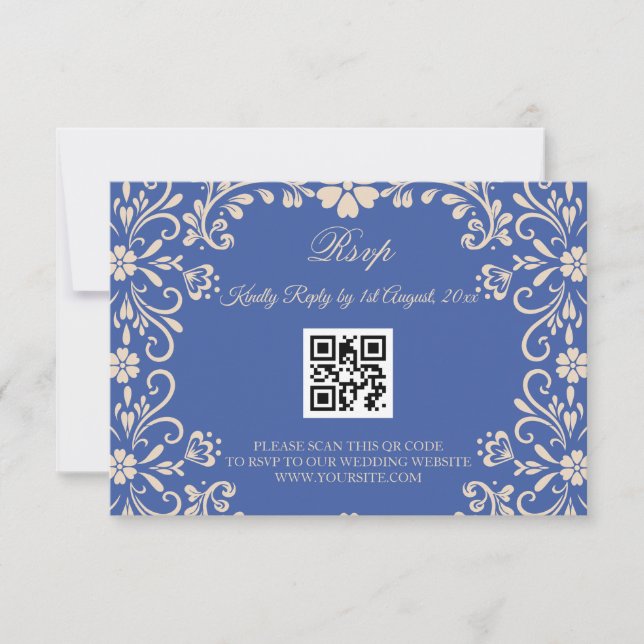 Mexican Talavera Blue Wedding QR RSVP Karte (Vorderseite)