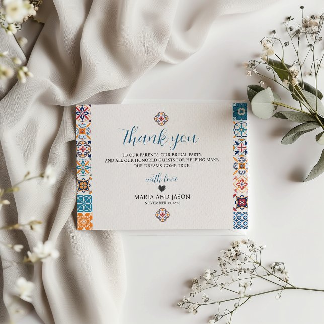 Mexican Talavera Colorful Floral Fiesta Wedding Dankeskarte (Mexican Talavera Colorful Floral Fiesta Wedding Thank You Card)