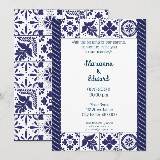Mexican Talavera Design Wedding Einladung (Vorne/Hinten)