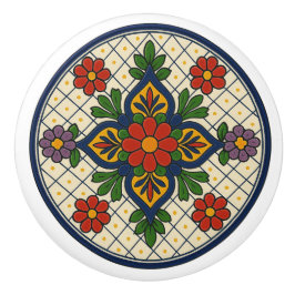 Mexican Talavera Extravagant floral Folk Art Grid Keramikknauf