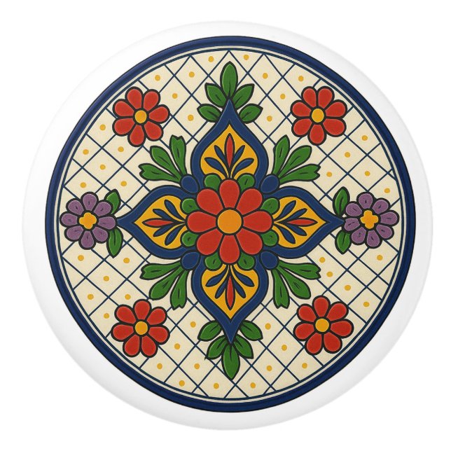 Mexican Talavera Extravagant floral Folk Art Grid  Keramikknauf (Vorderseite)