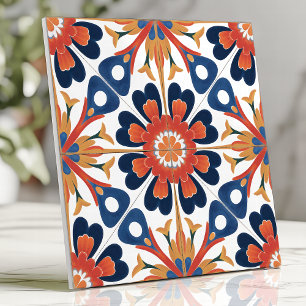 Mexican Talavera Floral Medallion Cobalt Orange Fliese