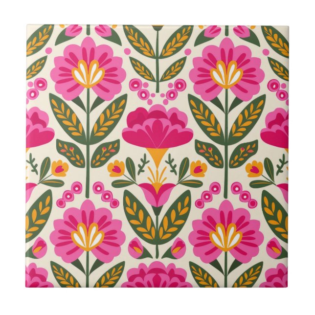 Mexican Talavera Flowers Fuchsia Pink Floral  Fliese (Vorderseite)