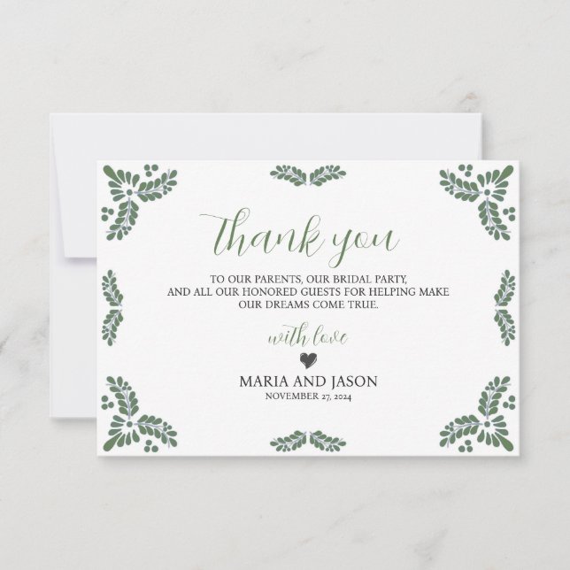 Mexican Talavera Green Floral Minimalist Wedding Dankeskarte (Vorderseite)