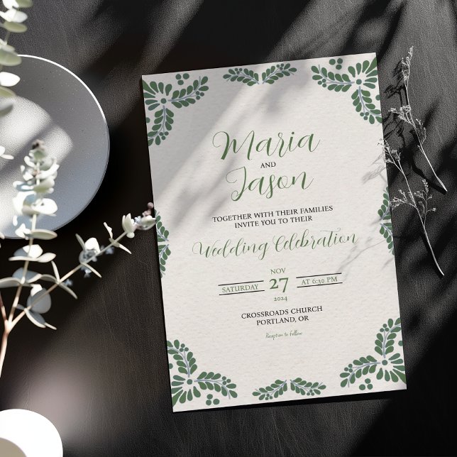 Mexican Talavera Green Floral Minimalist Wedding Einladung (Mexican Talavera Green Floral Minimalist Wedding Invitation)