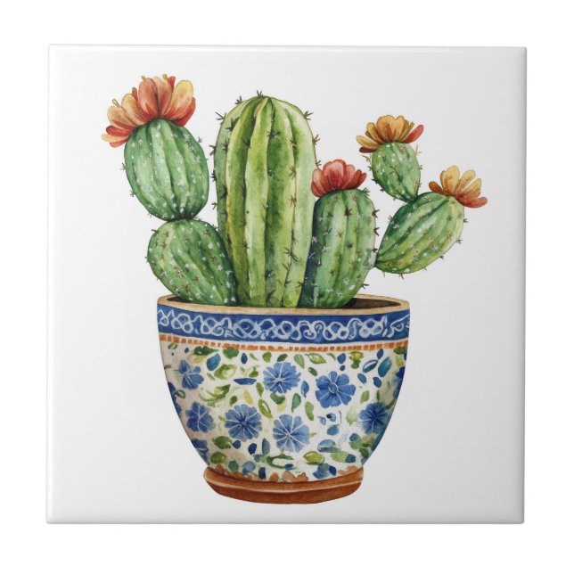Mexican Talavera Hacienda Style Cactus Tile White Fliese (Vorderseite)