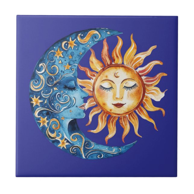 Mexican Talavera Hacienda Style Sun Moon Tile Fliese (Vorderseite)