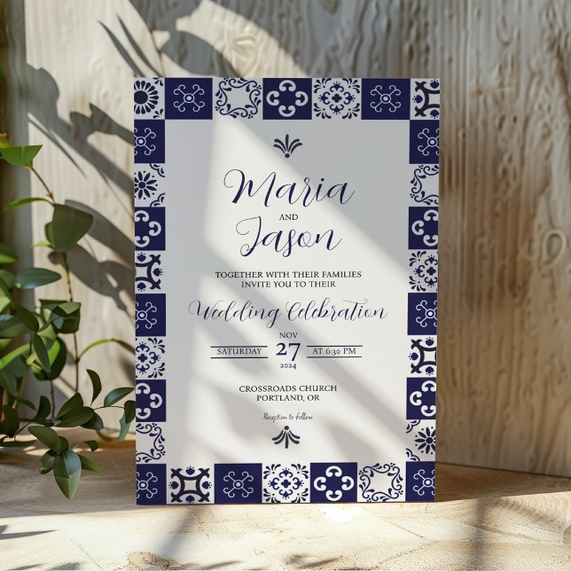 Mexican Talavera Majolica Navy Blue White Wedding Einladung (Mexican Talavera Majolica Navy Blue White Wedding Invitation)