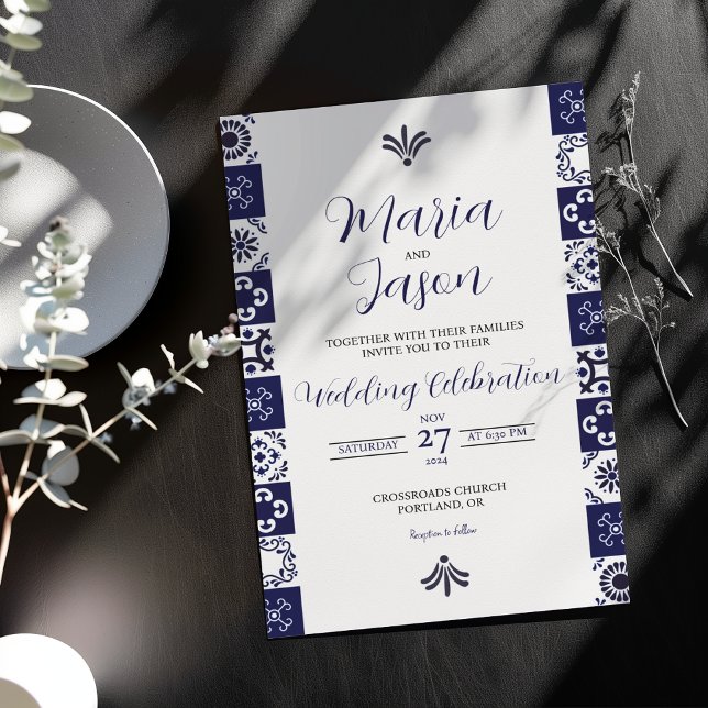 Mexican Talavera Majolica Navy Blue White Wedding Einladung (Mexican Talavera Majolica Navy Blue White Wedding Invitation)