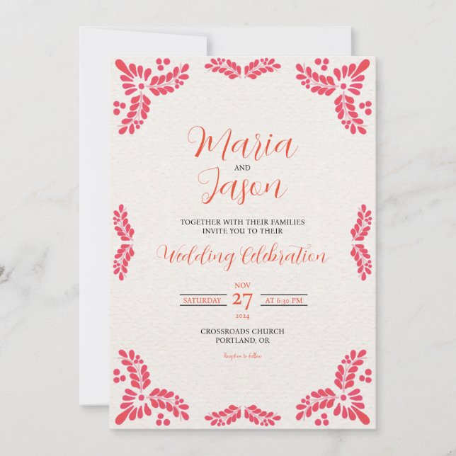 Mexican Talavera Orange Floral Minimalist Wedding Einladung (Vorderseite)