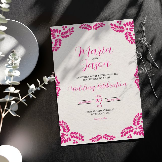 Mexican Talavera Pink Floral Minimalist Wedding Einladung (Mexican Talavera Pink Floral Minimalist Wedding Invitation)