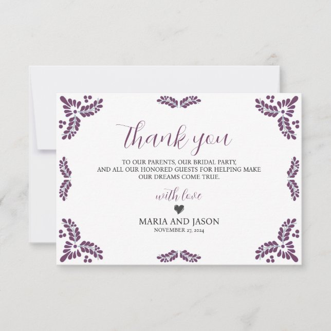 Mexican Talavera Purple Floral Minimalist Wedding Dankeskarte (Vorderseite)
