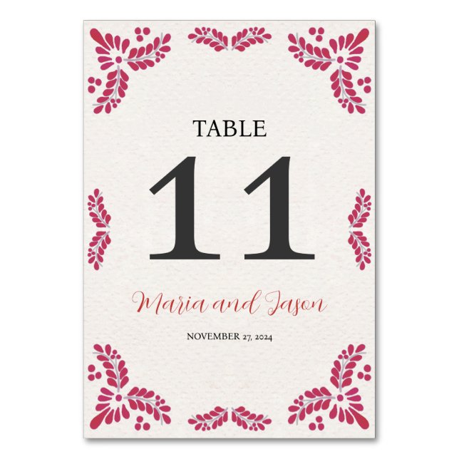 Mexican Talavera Red Floral Minimalist Wedding Tischnummer (Vorderseite)