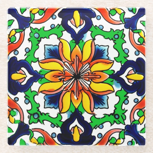 Mexican Talavera Terracotta Tile Design Nr. 6 Glasuntersetzer (Vorderseite)