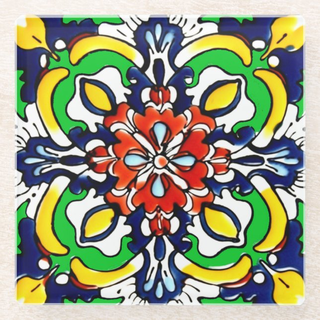 Mexican Talavera Terracotta Tile Design Nr. 7 Glasuntersetzer (Vorderseite)