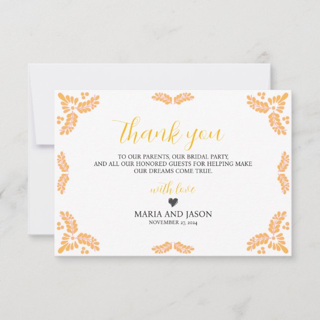 Mexican Talavera Yellow Floral Minimalist Wedding Dankeskarte (Vorderseite)