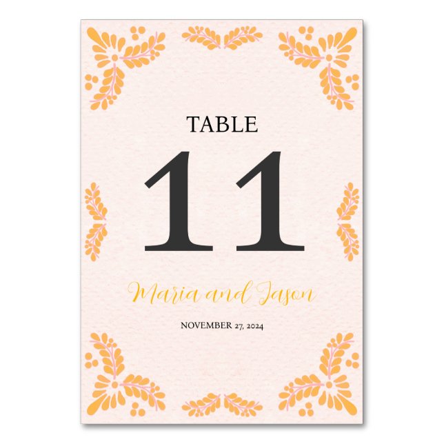 Mexican Talavera Yellow Floral Minimalist Wedding Tischnummer (Vorderseite)