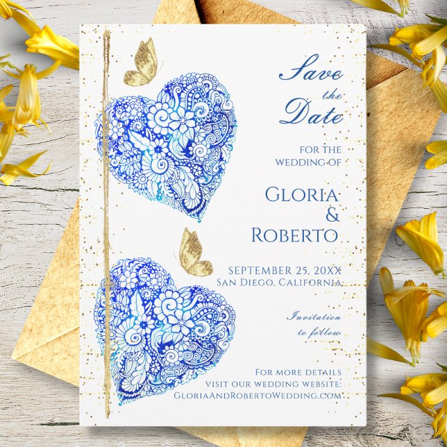 Mexican Wedding Blue Hearts Save the Date Card Einladung (Von Creator hochgeladen)