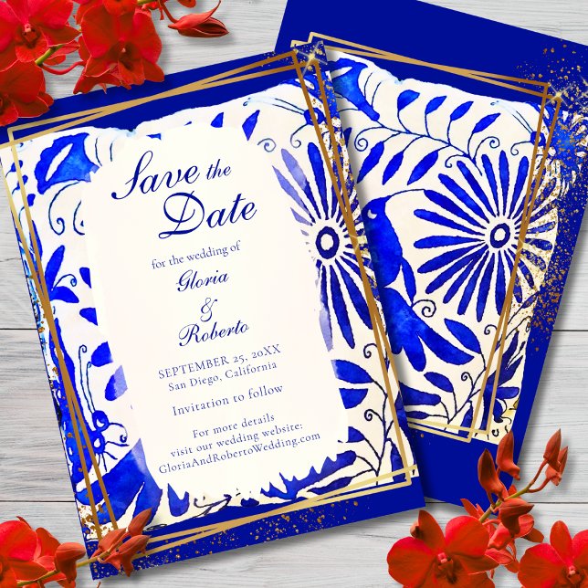 Mexican Wedding Blue Talavera Save the Date Card Einladung (Von Creator hochgeladen)