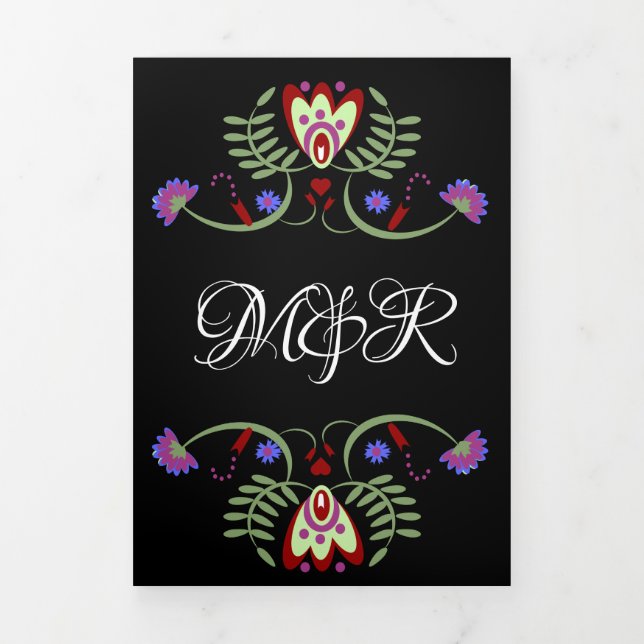 Mexican Wedding Folk Florals Hearts Dreifach Gefaltete Urlaubskarte (Cover)