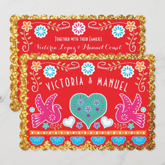 Mexican Wedding Papel Picado Gold Glitzer Einladung (Vorne/Hinten)