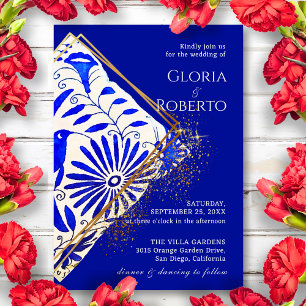 Mexican Wedding Talavera Blue Golden Elegante Einladung