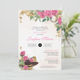 Mexicana Mariachi Charra Pink Rose Quinceanera Einladung