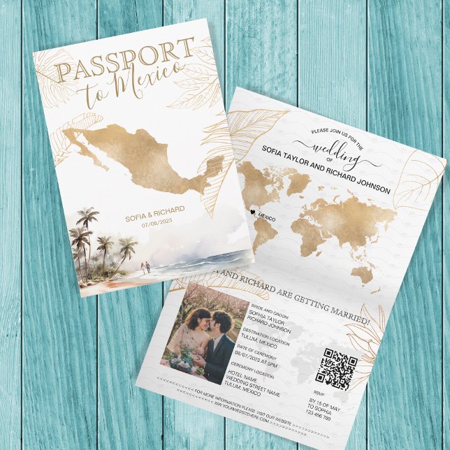 Mexico Beach Hochzeit in Urlaubsort Passport QR Co Einladung (beach wedding palm tree)
