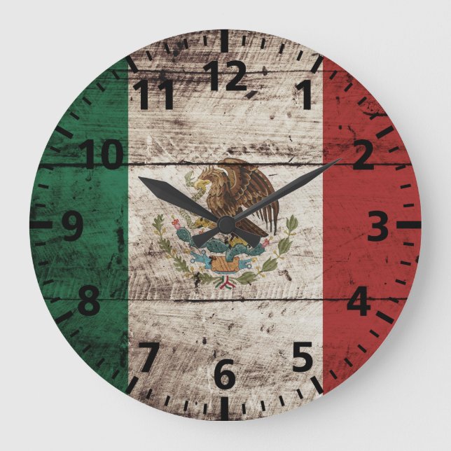Mexico Flag on Old Wood Grain Große Wanduhr (Vorderseite)