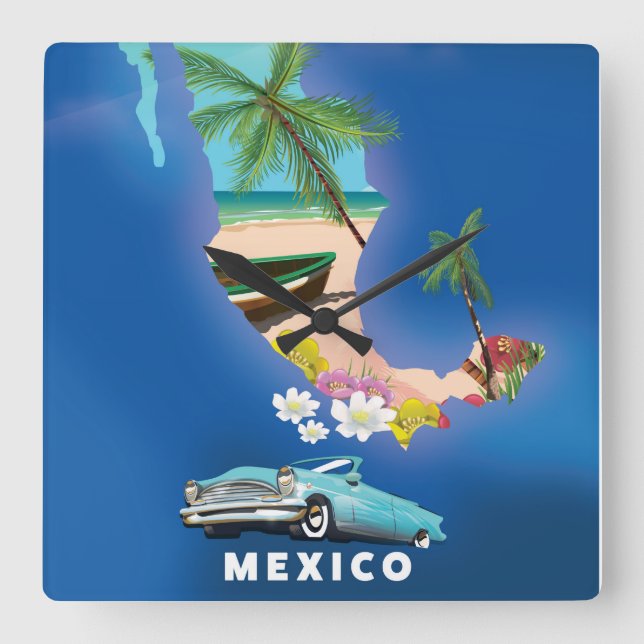 Mexico Map Illustration Reiseplakat. Quadratische Wanduhr (Vorderseite)