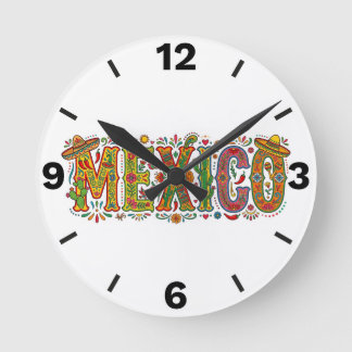 Mexico Typography Folk Art Mexican Culture Design Runde Wanduhr