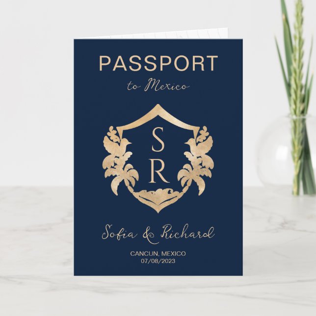 Mexico Wedding Destination Passport Wappen Palm Einladung (Vorderseite)
