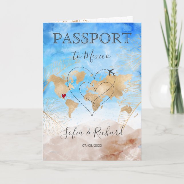 Mexico Wedding Destination Passport - Weltherzen i Einladung (Vorderseite)