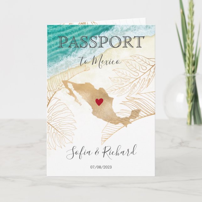Mexico Wedding Destination Passport World Map Inv Einladung (Vorderseite)