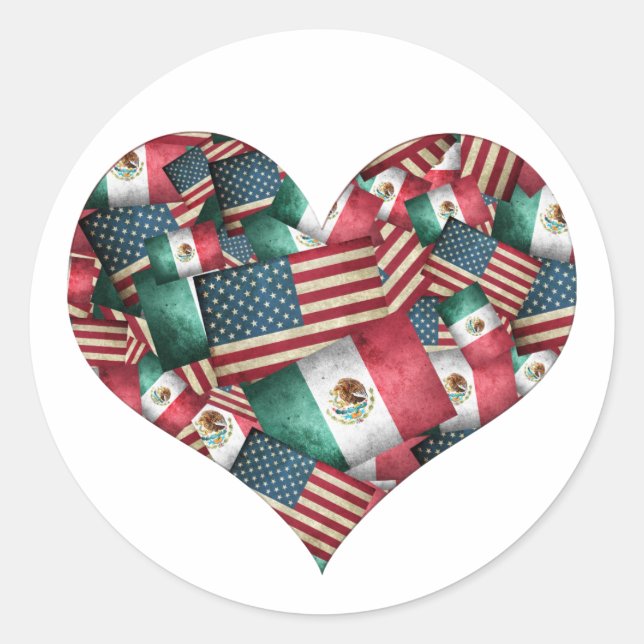 Mexikanisch-Amerikanische Flaggen Herz Runder Aufkleber (Vorderseite)