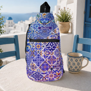 Mexikanisch-Mediterrane Purpurblaue Fliesenblume Crossbody Bag
