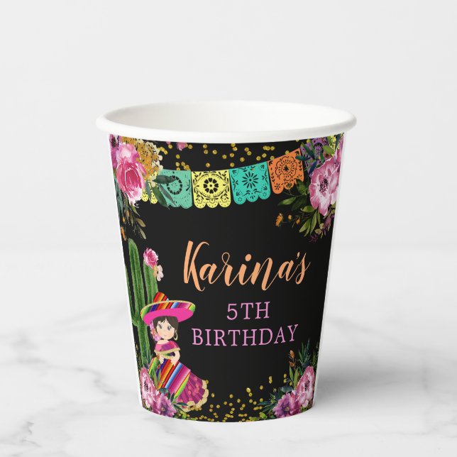 Mexikanisch Schwarz farbenfrohe Fiesta Floral Gebu Pappbecher (Vorderseite)