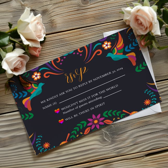 Mexikanisch Schwarz farbenfrohe Floral Nuestra Bod RSVP Karte (Mexican Black Colorful Floral Nuestra Boda Wedding RSVP Card)