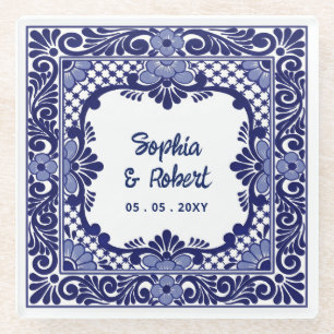 Mexikanische Blaue Talavera-Hochzeit Glasuntersetzer