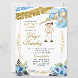 Mexikanische Blue and Gold Charro Taufe und Dritte Einladung