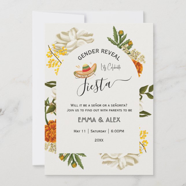 Mexikanische Blume Cinco De Mayo Gender Reveal Einladung (Vorderseite)