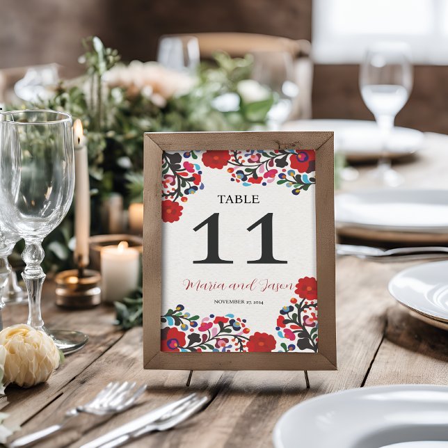 mexikanische Blumenfarben Botanische Blume Hochzei Tischnummer (Mexican Floral Colorful Botanical Flowers Wedding Table Number)
